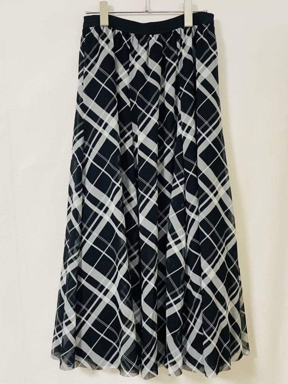 Edgele Checkered Sheer Long Skirt Black Size L